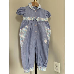 Vintage 90s Kids Floral Denim Jumpsuit | Puff Sleeve Cottagecore One-Piece